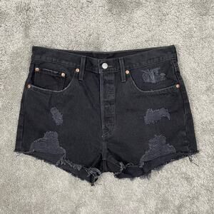 Levis 501 High-Rise Denim Shorts Womens 31 Black Distressed Premium Denim NWOT